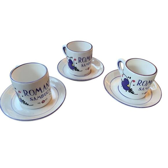 Three Romana Sambuca Espresso Cup &‎ Saucer Set Of 3 Porcelain Collectible White - Picture 1 of 5